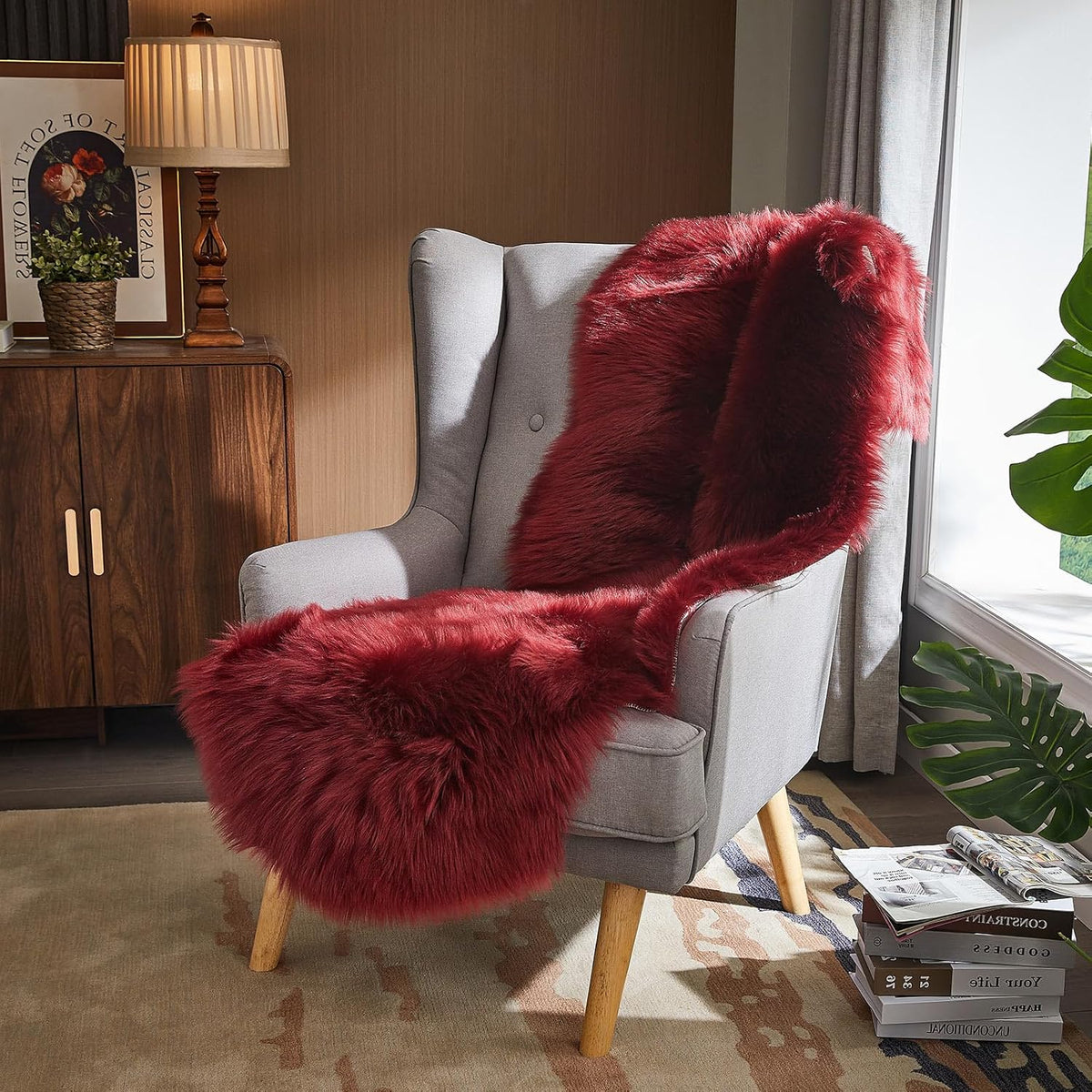 AMTOVO Faux Sheepskin Rug, Burgundy Ultra Soft Fluffy Shag Area Rug, 2 x 6 ft Faux Fur Rug for