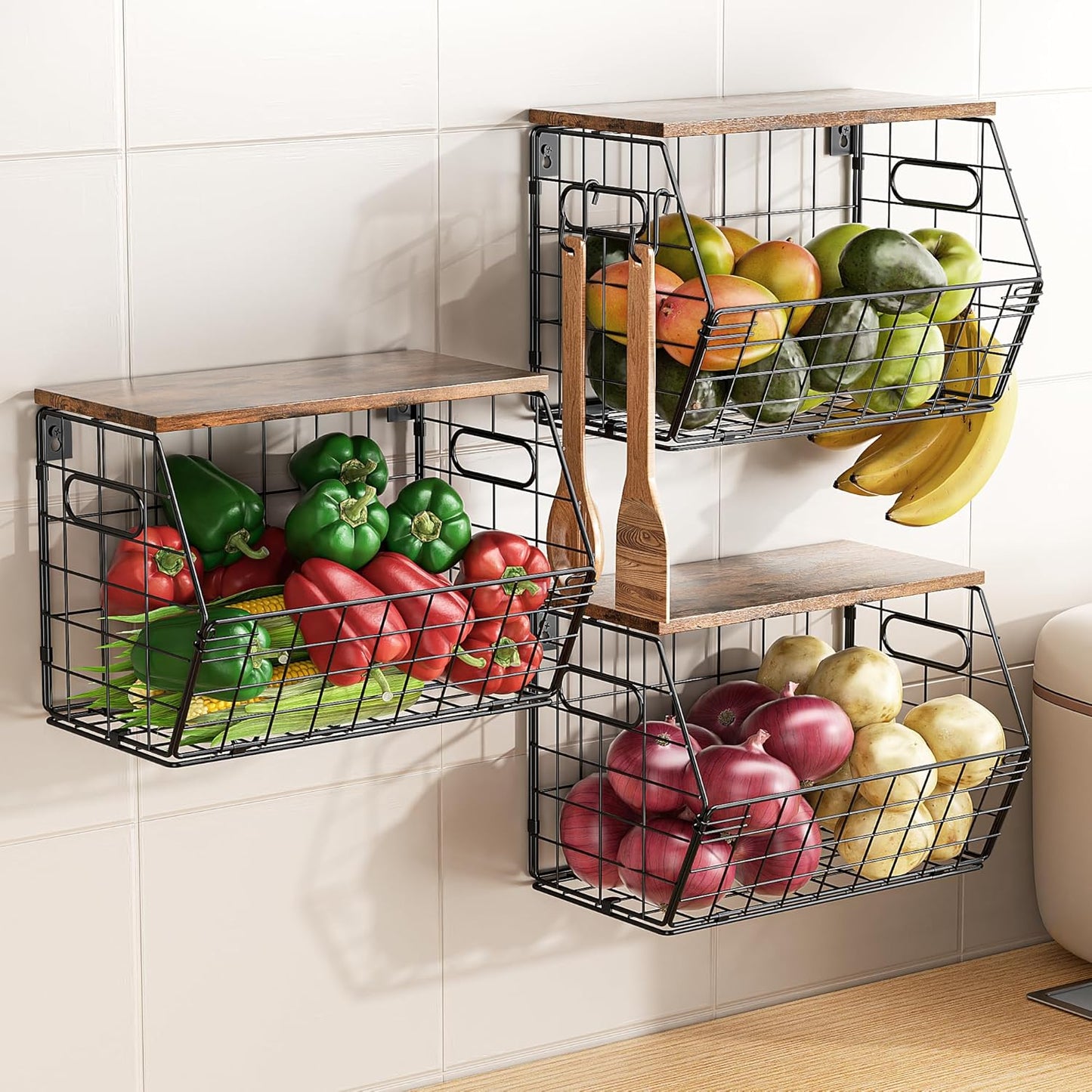 Delamu 3 Pack Stackable Metal Fruit Basket with Wood Lid-Wall Mounted&Countertop Organizer for