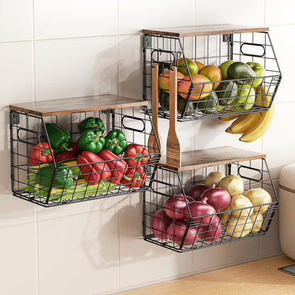 Delamu 3 Pack Stackable Metal Fruit Basket with Wood Lid-Wall Mounted&Countertop Organizer for