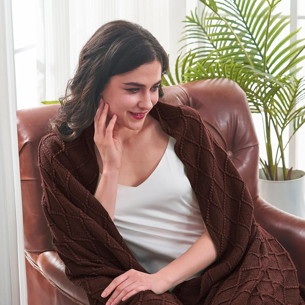 inhand Knitted Throw Blankets for Couch and Bed, Soft Cozy Knit Blanket with Tassel, Diamond Brown