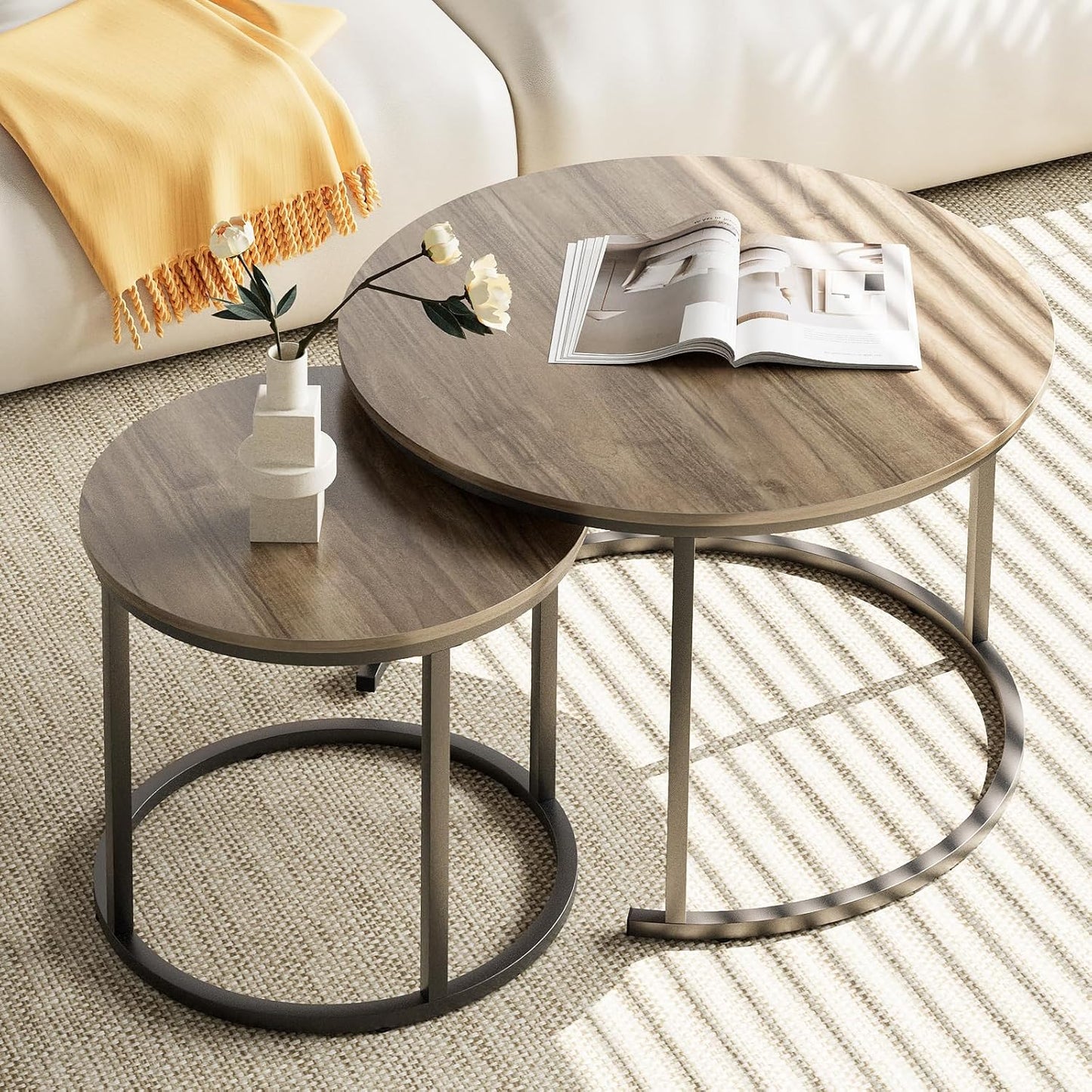aboxoo Coffee Table Nesting Side Round Table Set of 2 End Table with Sturdy Metal Frame for Living