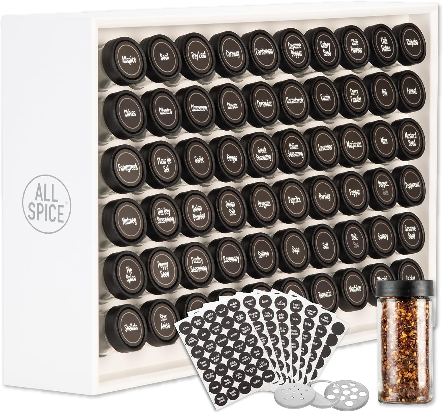 AllSpice Spice Rack Organizer, Wood, 525 Unique Labels, Countertop or Wall Mount, Includes 60 4oz
