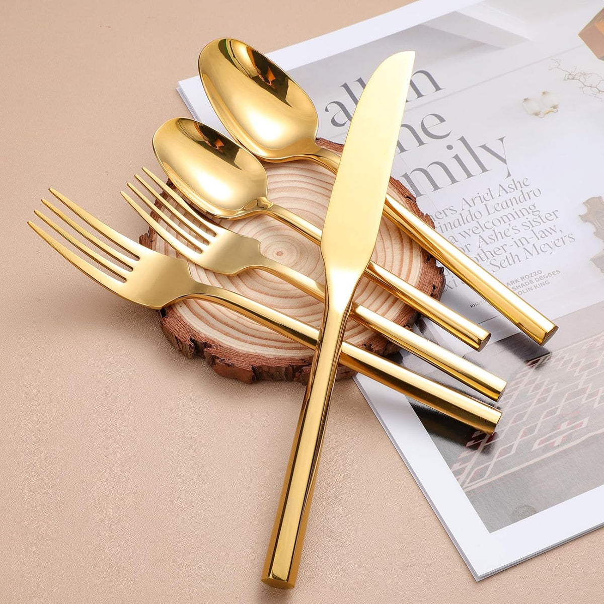 Mirror Silverware Set Gold Flatware Set with Hexagon Handle 20 Pieces 18/0 Stainless Steel Cutlery