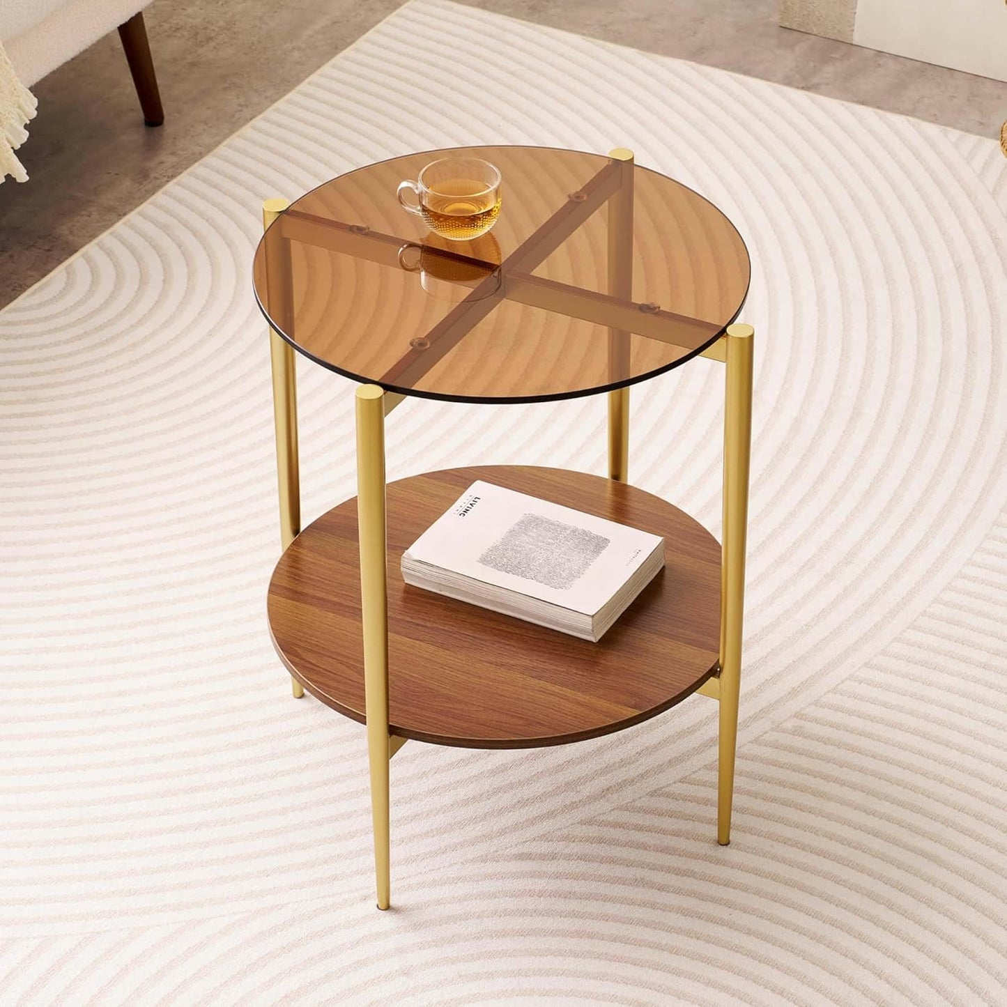 Round Glass End Table, Mid-Century Modern Design Sofa Table for Living Room, D18 x H23, 2-Tier