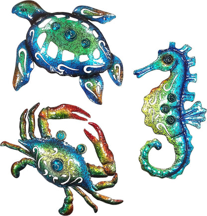 Weibefee Metal Sea Turtle Seahorse Crab Beach Themed Bathroom Wall Art Decor, Ocean Themed Wall