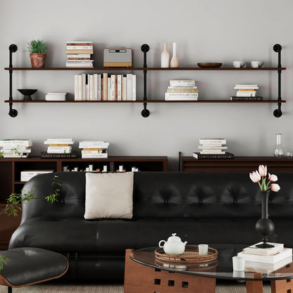 Industrial Pipe Wall Shelves Pipe Shelving with Real Wood Plank,70 Inches Floating Shelves for Wall