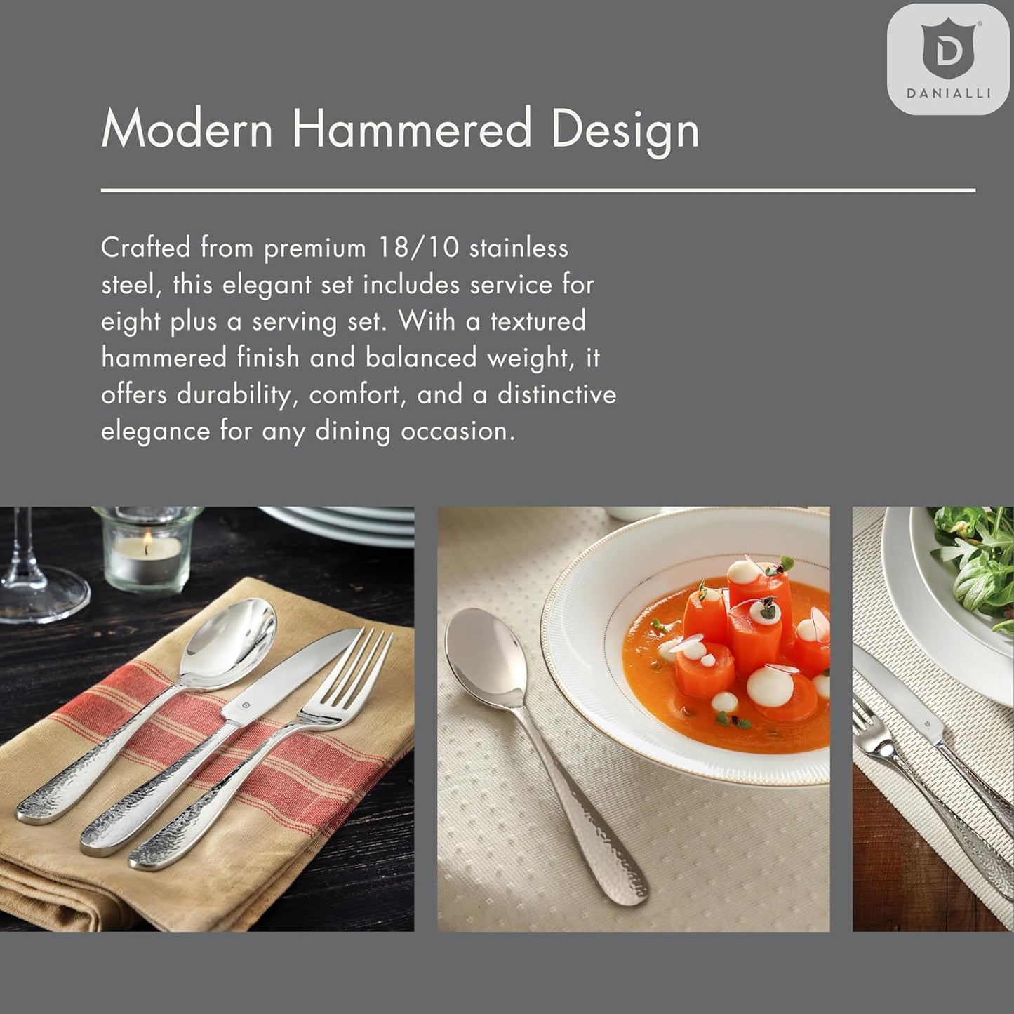 Hammered Silverware Set | Premium 18/10 Stainless Steel Flatware Service for 16 | Heavy-Duty &