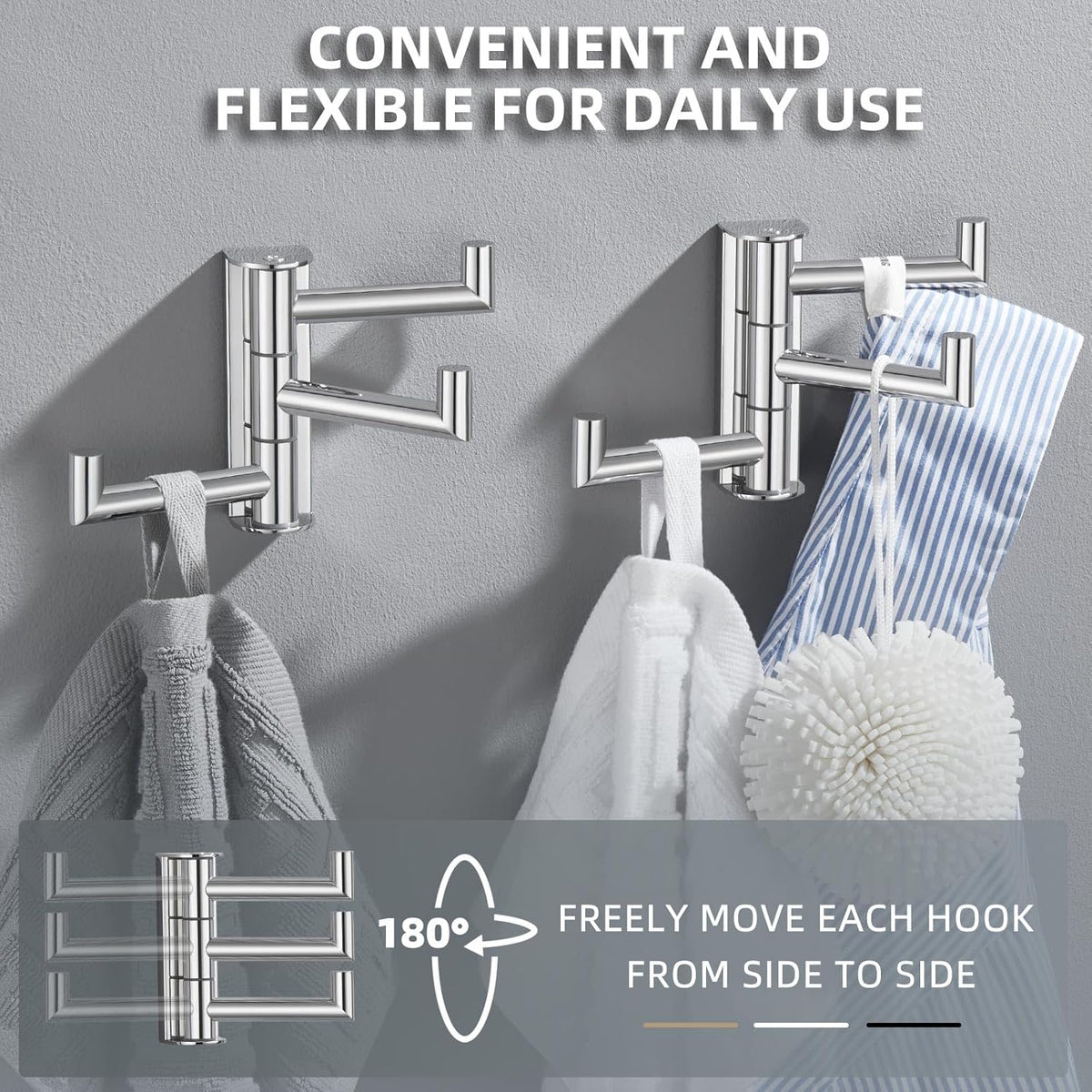 Angle Simple Swivel Towel Hooks for Bathroom, SUS 304 Stainless Steel Foldable 3 Arms Hand Towel