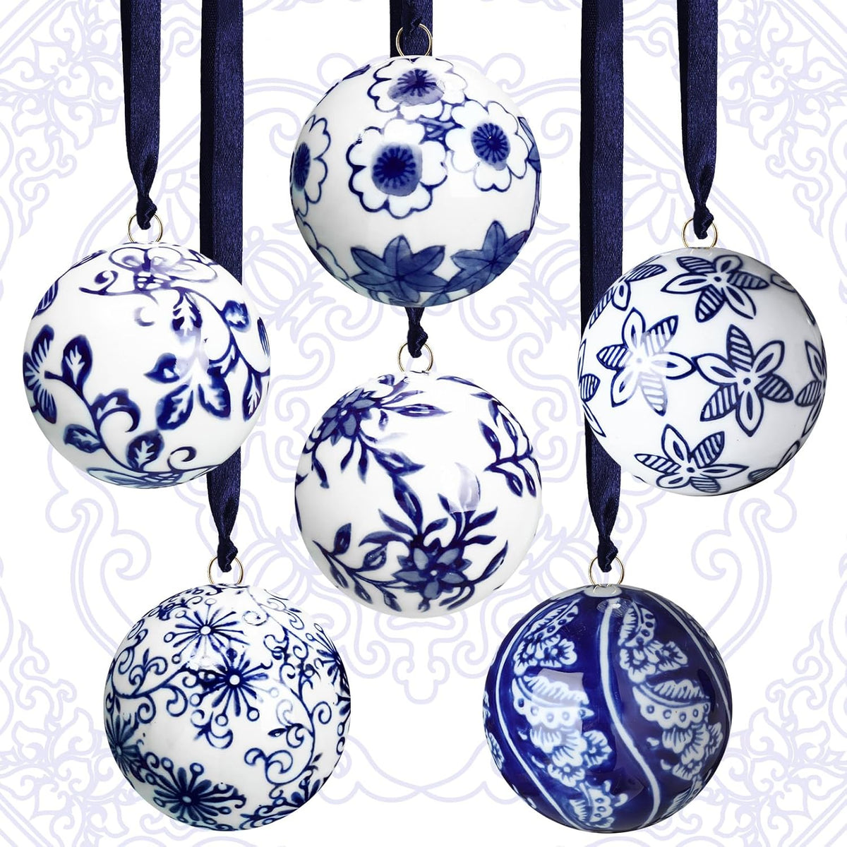 Cindeer 6 Pcs Blue and White Christmas Porcelain Balls 2.4 Inch Porcelain Chinoiserie Ornament Bulk
