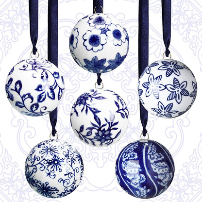 Cindeer 6 Pcs Blue and White Christmas Porcelain Balls 2.4 Inch Porcelain Chinoiserie Ornament Bulk