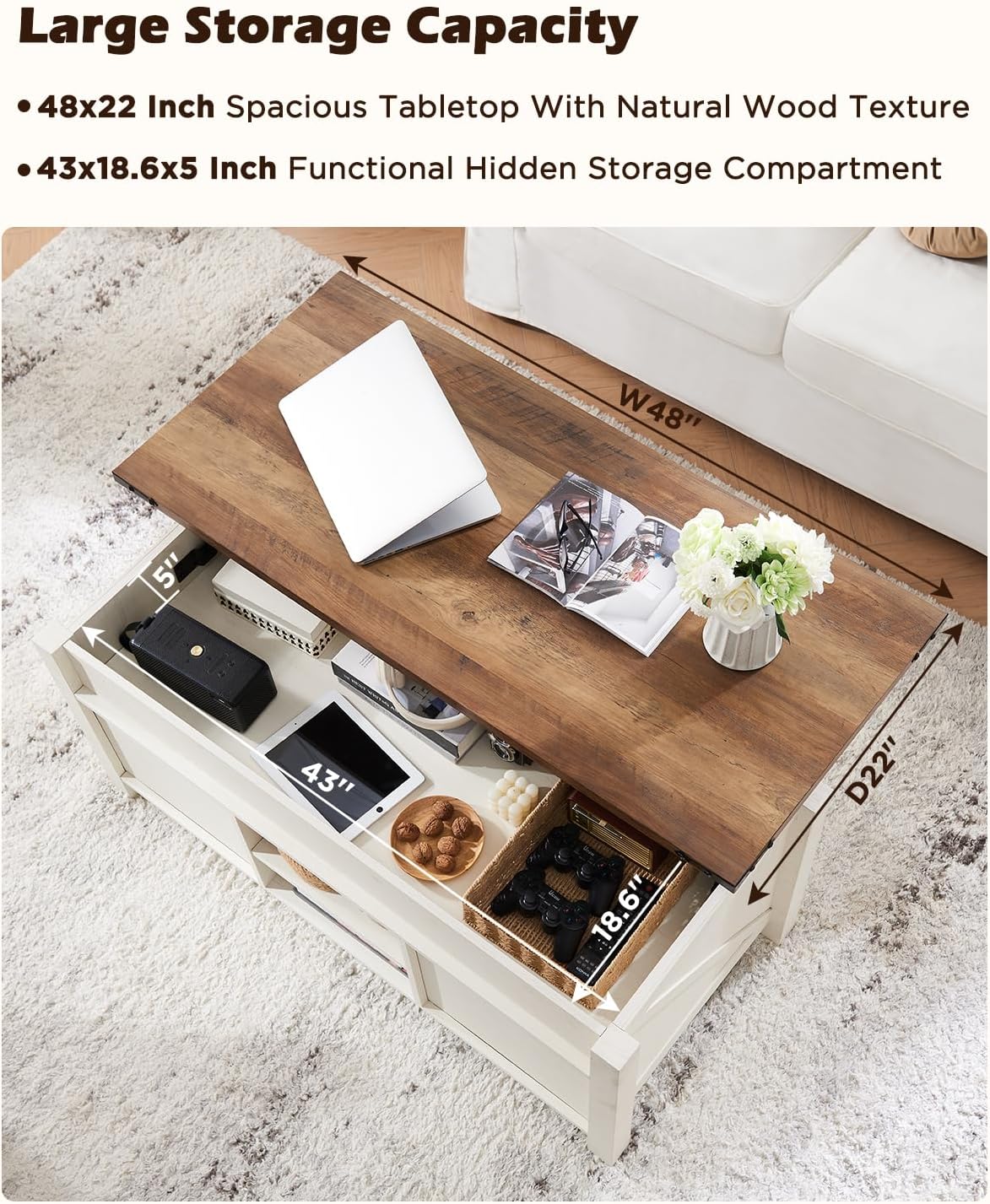 OKD 48" Farmhouse Lift Top Coffee Table with Sliding Barn Door,Rustic Center Table with Hidden