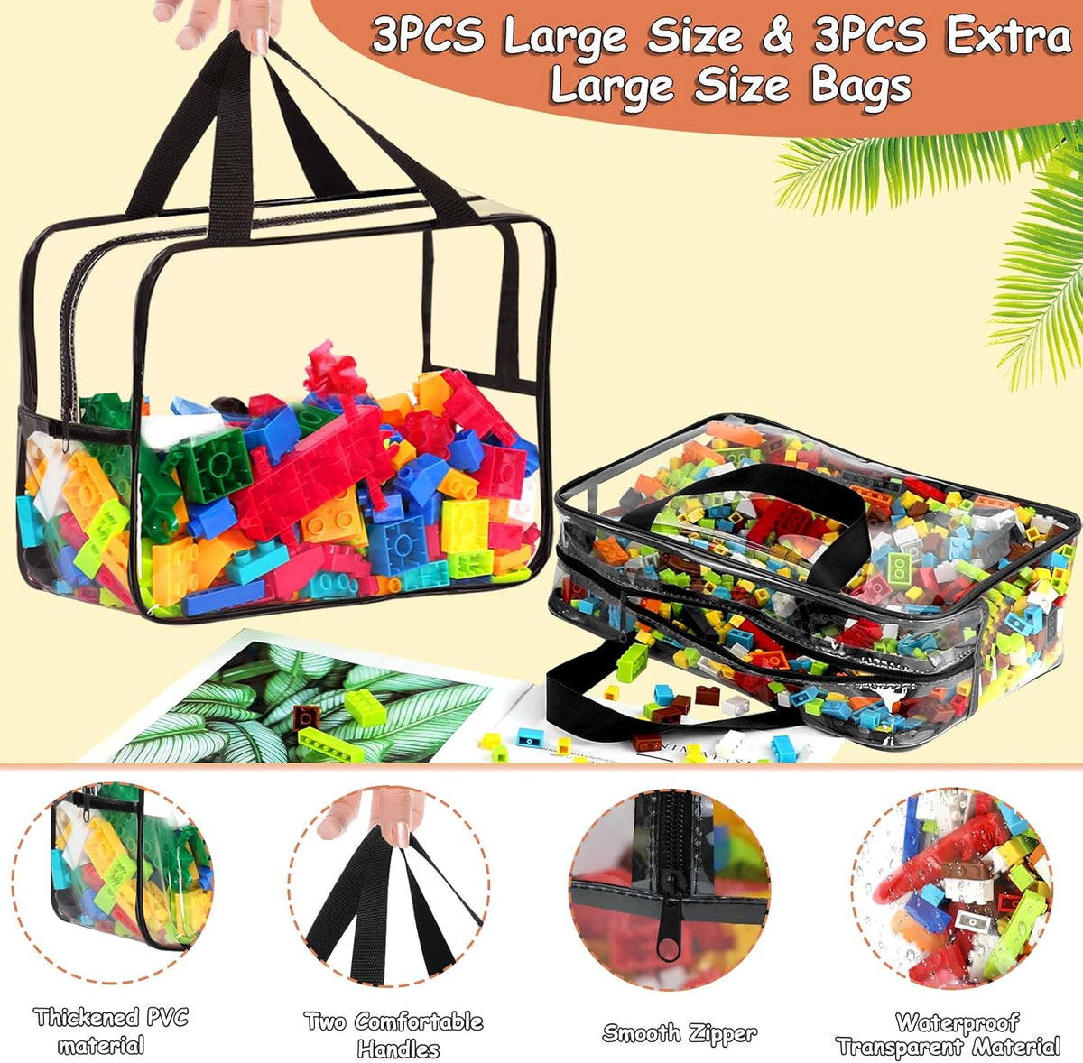 6 Packs Large Toy Storage Bags with Labels, Reusable Clear PVC Board Game Storage, Travel