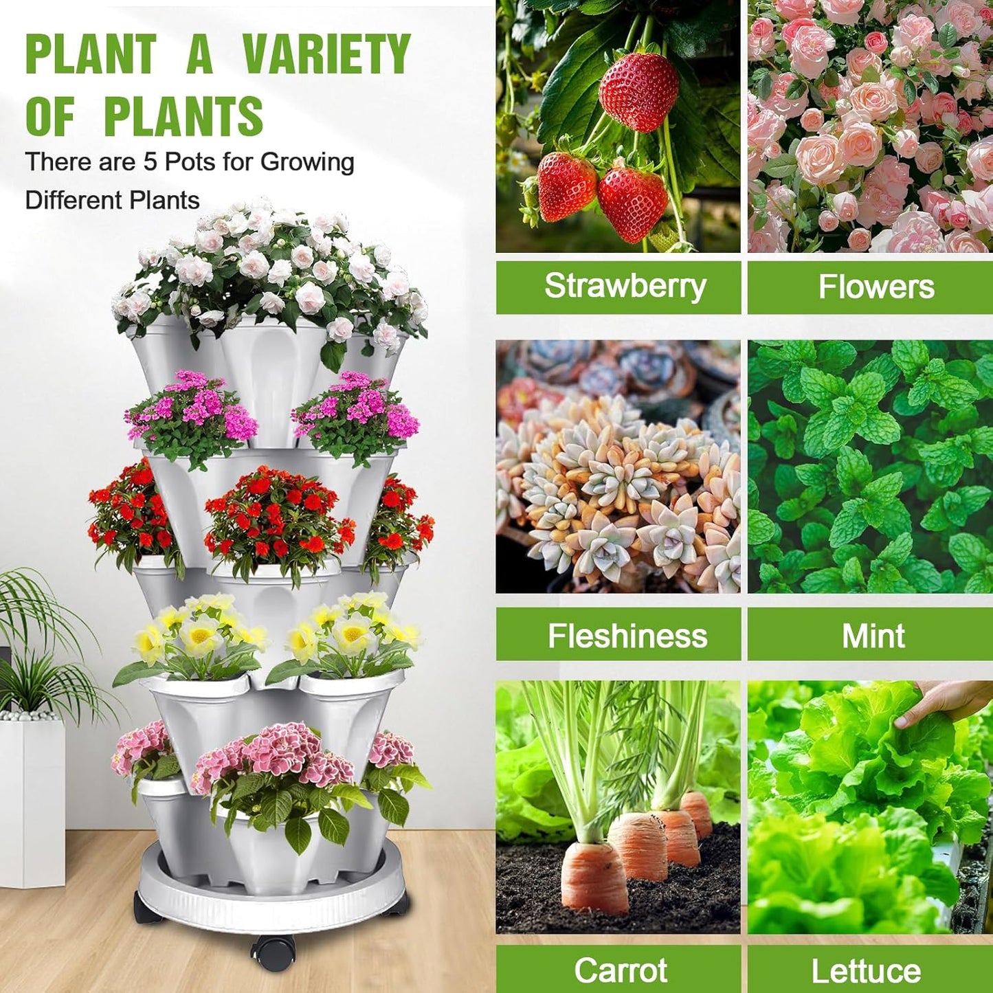 Vertical Strawberry Planter 5 Tier Stackable Tower Herb Planters-Stacking Garden Outdoor Planter