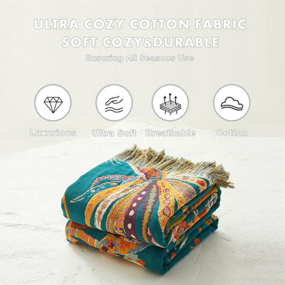 MSGKV Boho Throw Blanket for Couch Bed Chair 100% Cotton Muslin Breathable Embroidery Blanket