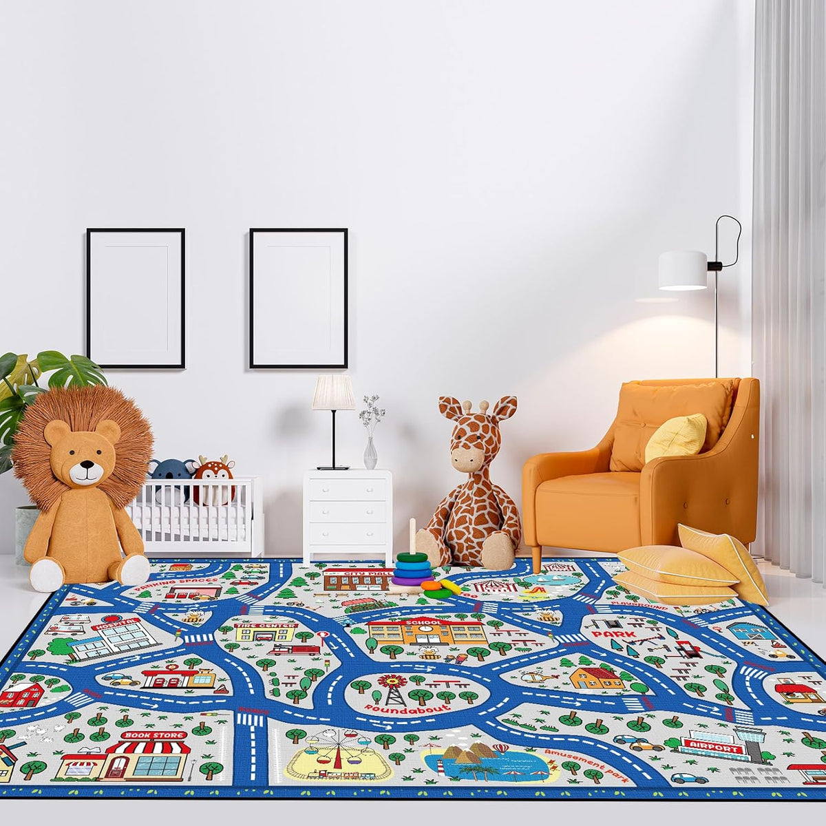 Kids Carpet Playmat Rug Player Car Rug,City Life Traffic Road Map Mat Educational Game Area Rug for
