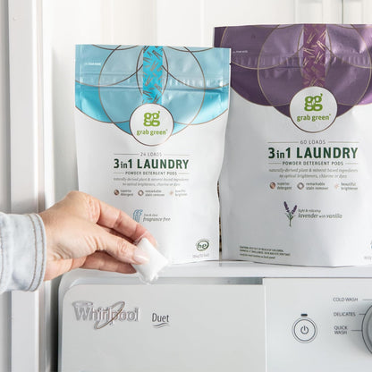 Grab Green 3-in-1 Laundry Detergent Pods, 24 Count, Fragrance Free, Plant and Mineral Based