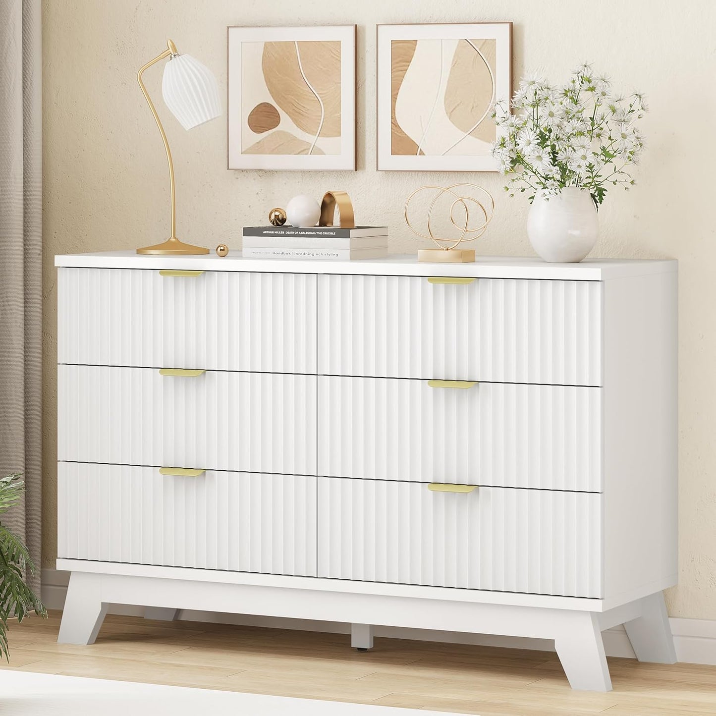 Fluted Dresser for Bedroom with 6 Drawers, 48" Wide Modern Chest of Drawers with Metal Handle