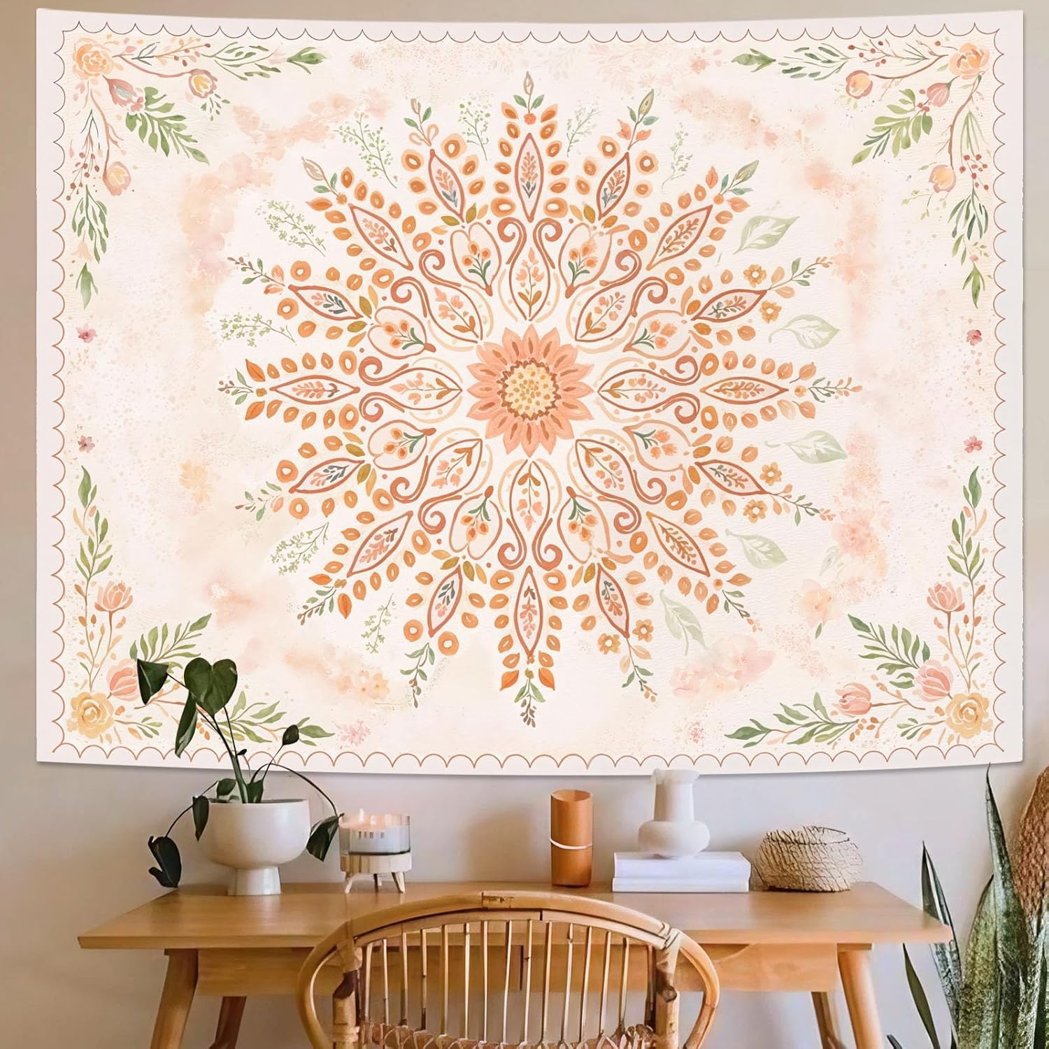 Lunerfex Floral Mandala Tapestry Boho Tapestry for Bedroom Peach Tapestries Wall Hanging Living