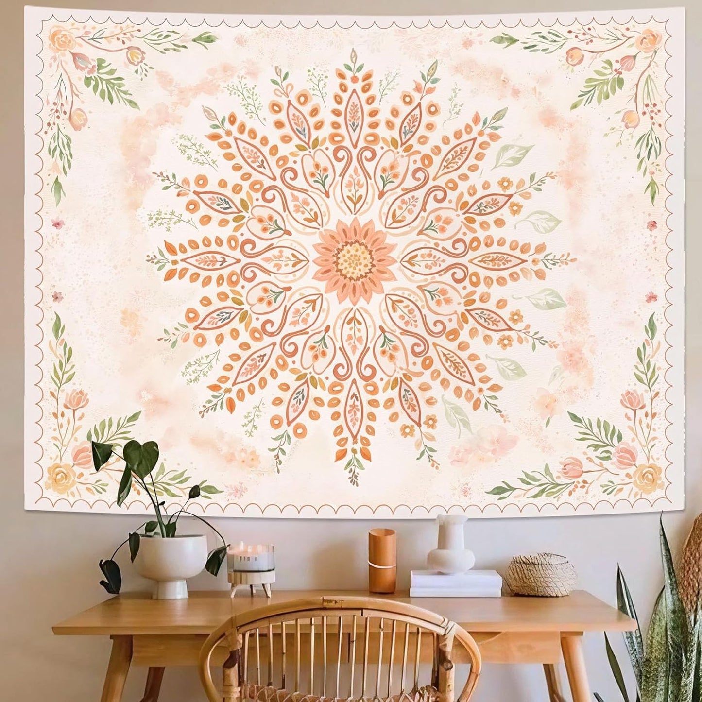 Lunerfex Floral Mandala Tapestry Boho Tapestry for Bedroom Peach Tapestries Wall Hanging Living