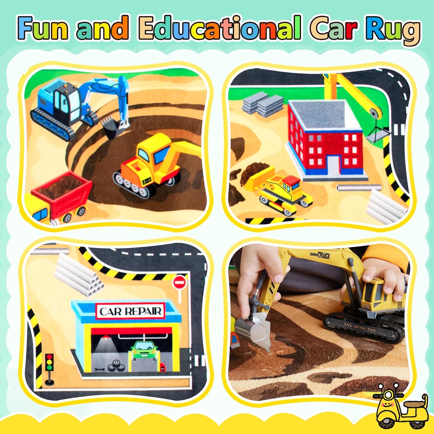Kids 6x9 Ft Construction Site Play Rug, Baby Play Mat, Tufted Wool & Rubber, Non-Slip, Stain & Fade