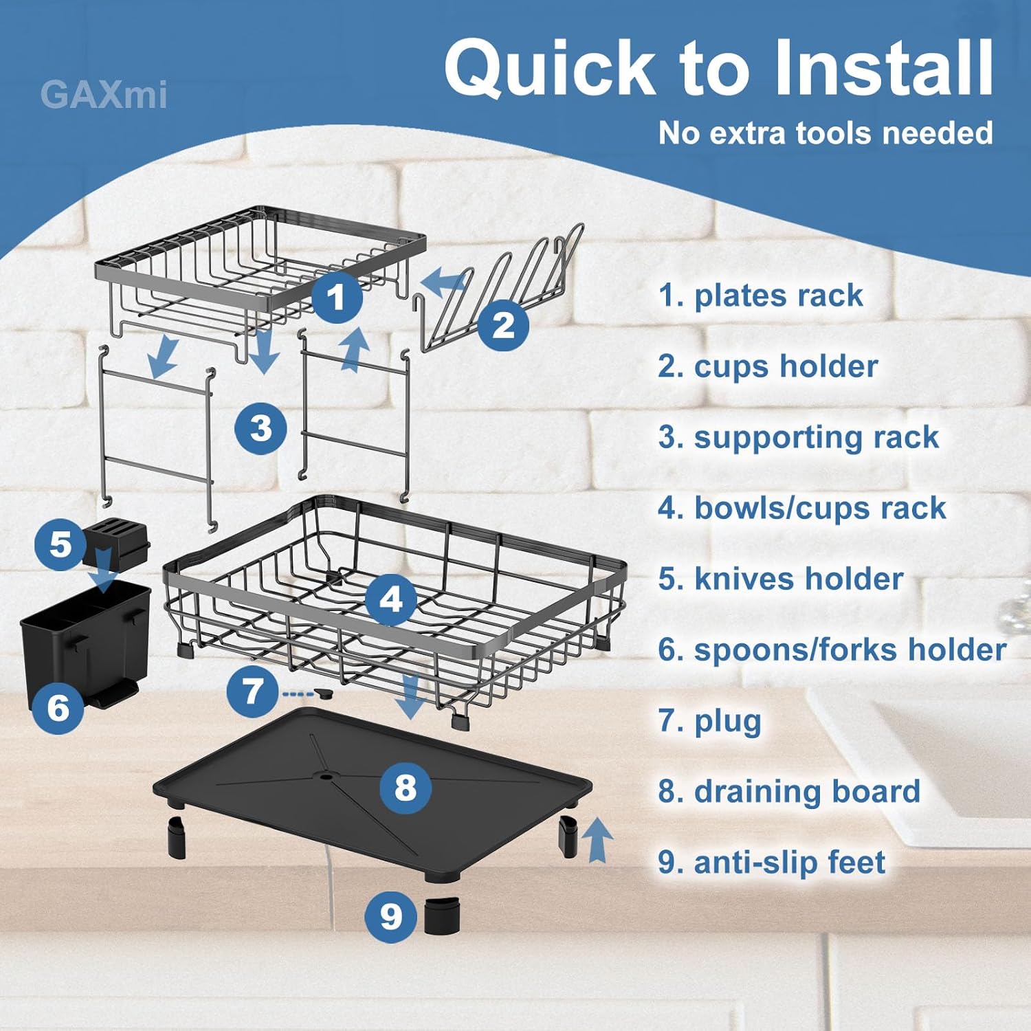 GAXmi Dish Drying Rack Over The Sink Dish Drainer with Drainboard Utensil Holder Cup Holder, 2-Tier
