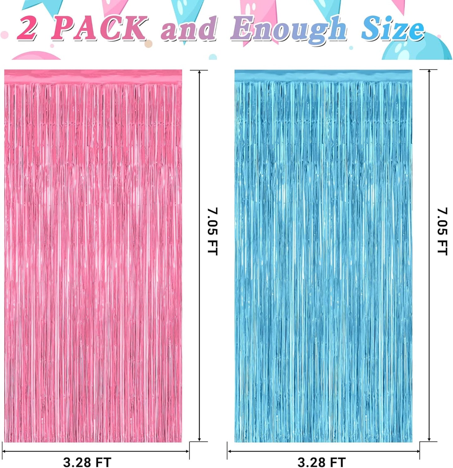 2 Pack Gender Reveal Decorations, 3.28 FT x 7.05 FT Pink and Blue Fringe Backdrop, Metallic Boy or