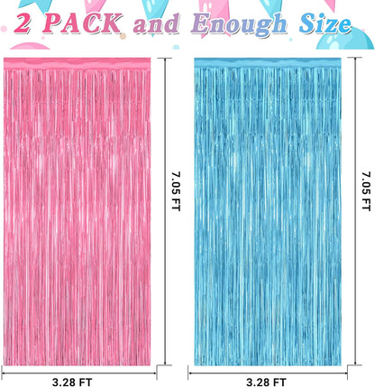 2 Pack Gender Reveal Decorations, 3.28 FT x 7.05 FT Pink and Blue Fringe Backdrop, Metallic Boy or