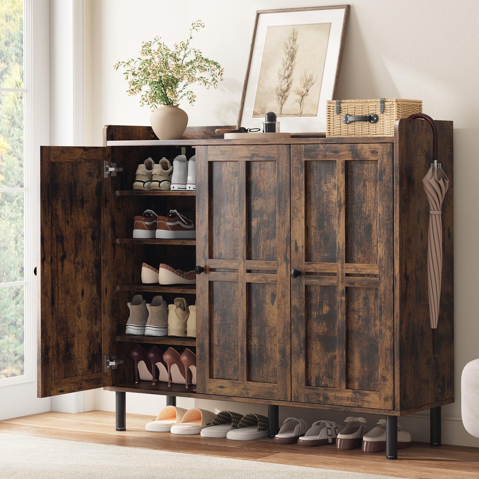 ComfyCorner Shoe Cabinet with 3 Doors, Shoe Rack for Entryway, Rustic Brown