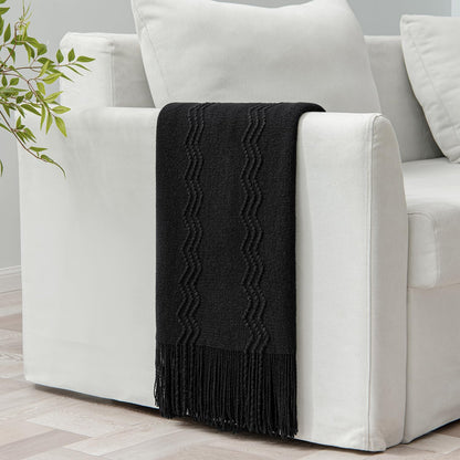 MIULEE Black Knitted Throw Blanket for Couch Textured Knit Blanket with Tassels Cozy Woven Boho Bed
