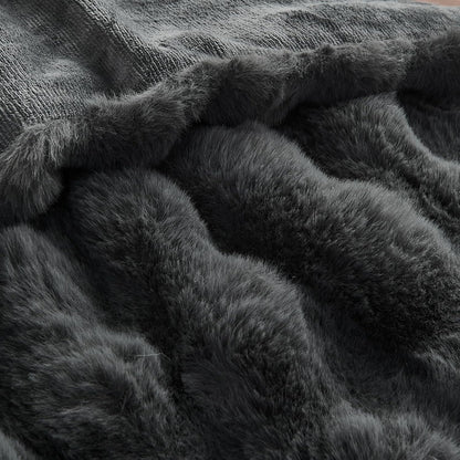Lotus Karen Queen Size Faux Fur Blanket Dark Gray - Big Bubble Rabbit Fluff Throw for Bed Large