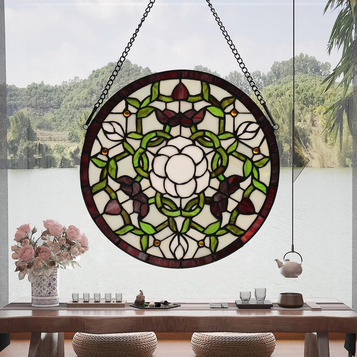 Handcrafted Stained Glass Window Panel - 12-Inch Round Floral Design with Vibrant Colors, Elegant