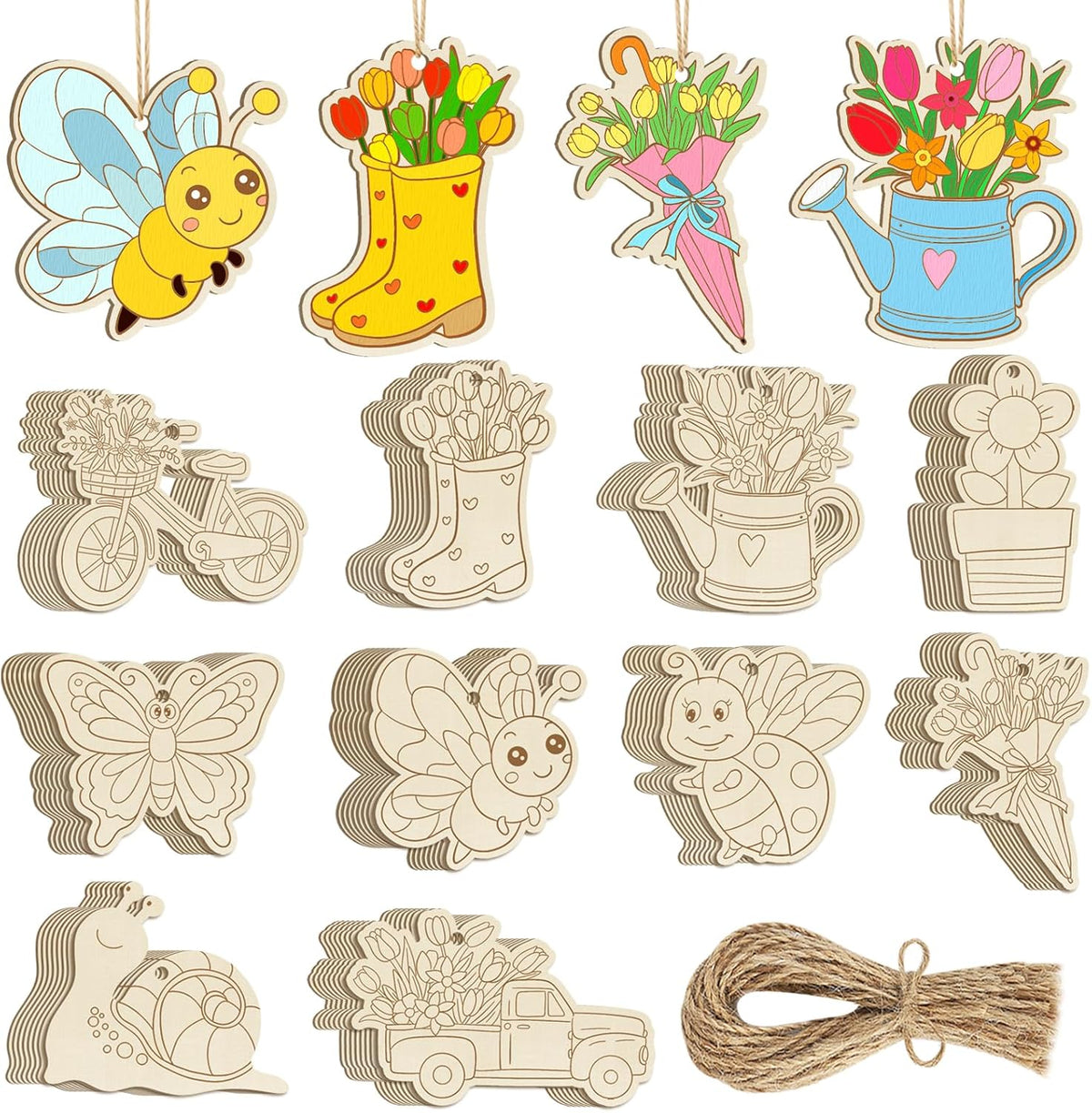 80PCS Wooden Spring Ornaments to Paint, 10 Styles DIY Blank Unfinished Wood Flower Cutouts
