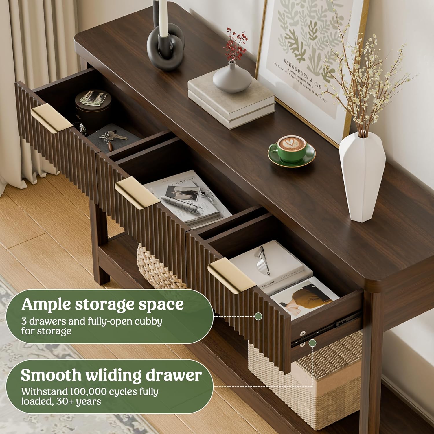 Lulive 51" Fluted Console Table for Entryway, Entryway Table with 3 Wooden Drawers, Farmhouse