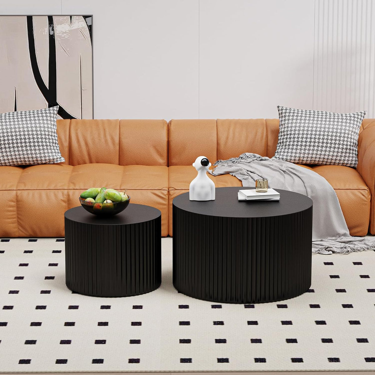 Round Nesting Coffee Table Wood Drum Nesting Tables Modern Stacking Coffee Table Set of 2 Fluted