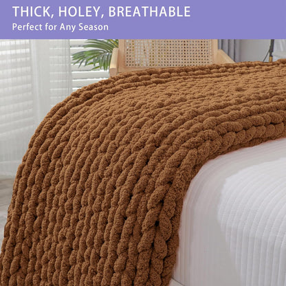 Bigacogo Chunky Knit Throw Blanket for Couch, 40x80 inches, 100% Hand Knitted with Thick Jumbo