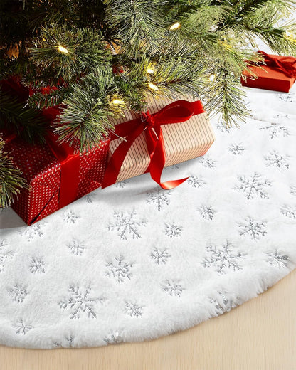 COOLWUFAN 72 Inches Christmas Tree Skirt for Xmas Tree Holiday Party Decorations White Plush Silver