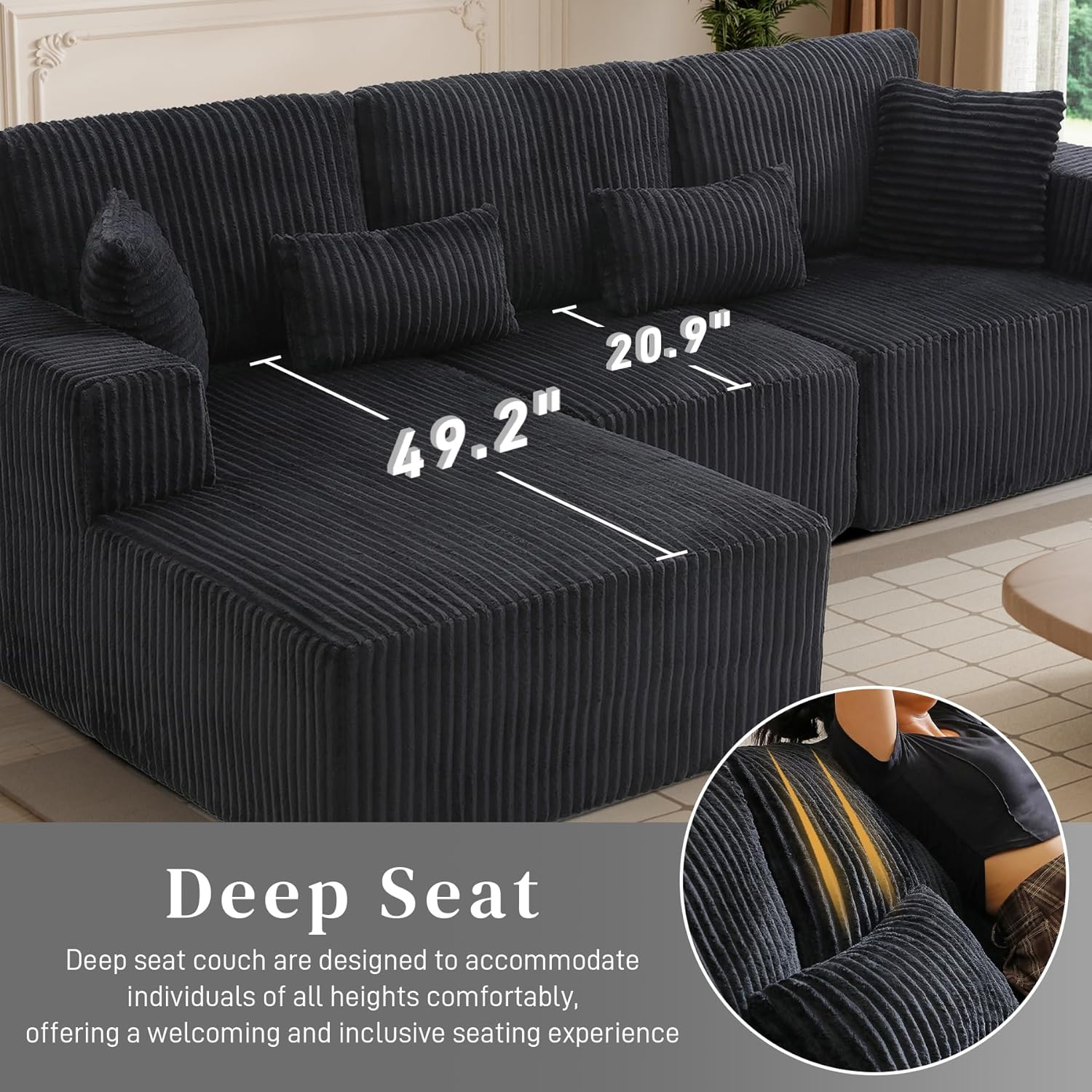 HYJT-H&K Modular Sectional Sofa Cloud Sectional Couch, 107" Comfy Fluffy L Shaped Dark Black