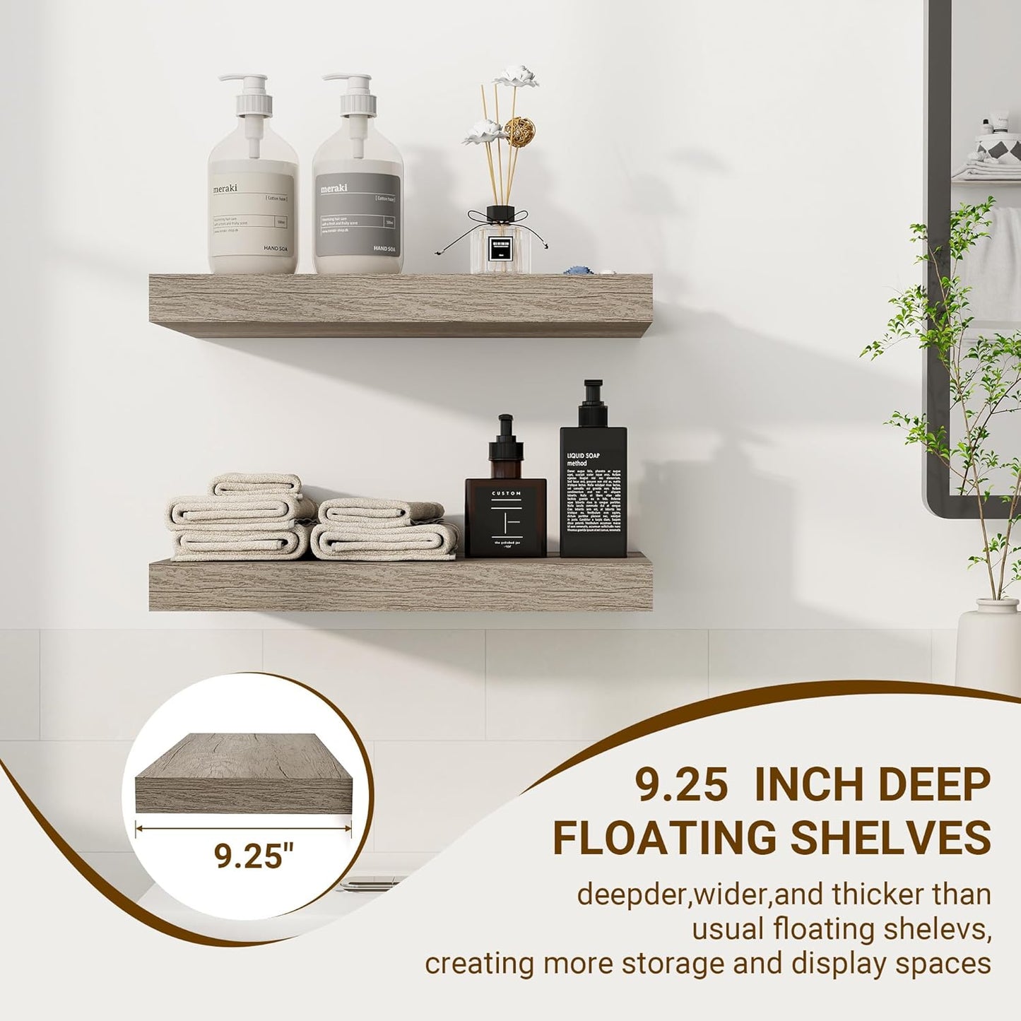 16 Inch Floating Shelves, 3D Textured Wood Grain, 16"x9.25"x1.5" Inch Deep Floating Shelves for