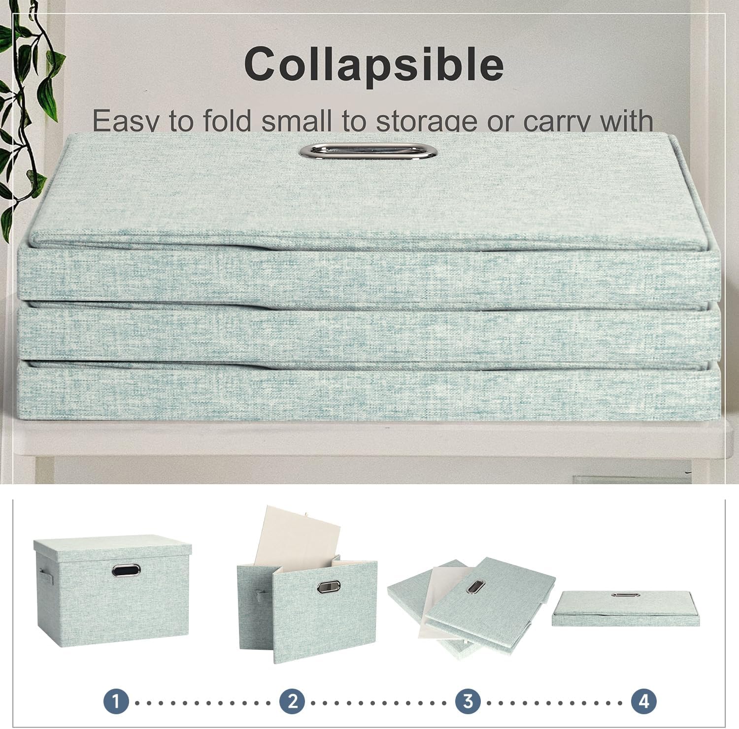 Large 17" 36 Quart Collapsible Stackable Storage Bins with Lids, 3 Packs Light Green Linen Fabric