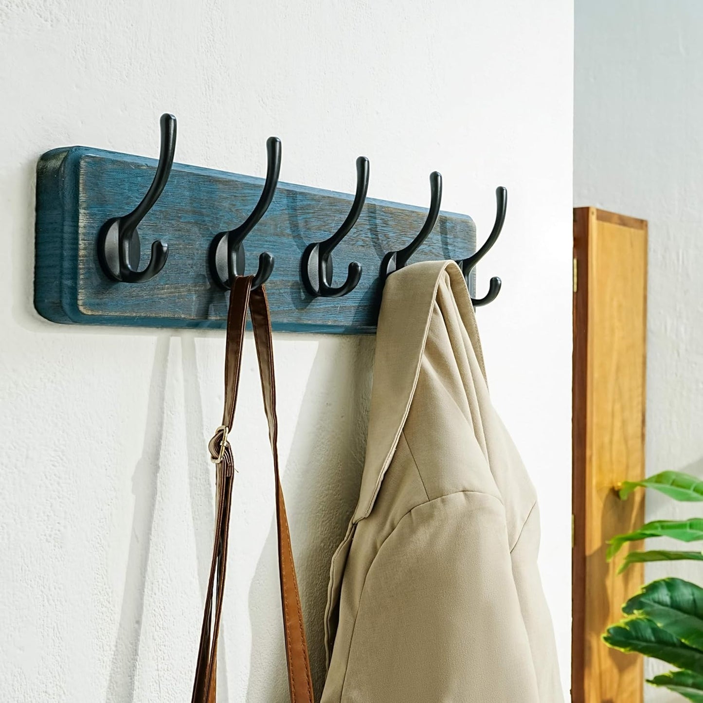 Dseap Coat Rack Wall: Patented, Heavy-Duty, 5-Double-Hooks Wooden Wall Mounted Coat Rack Coat