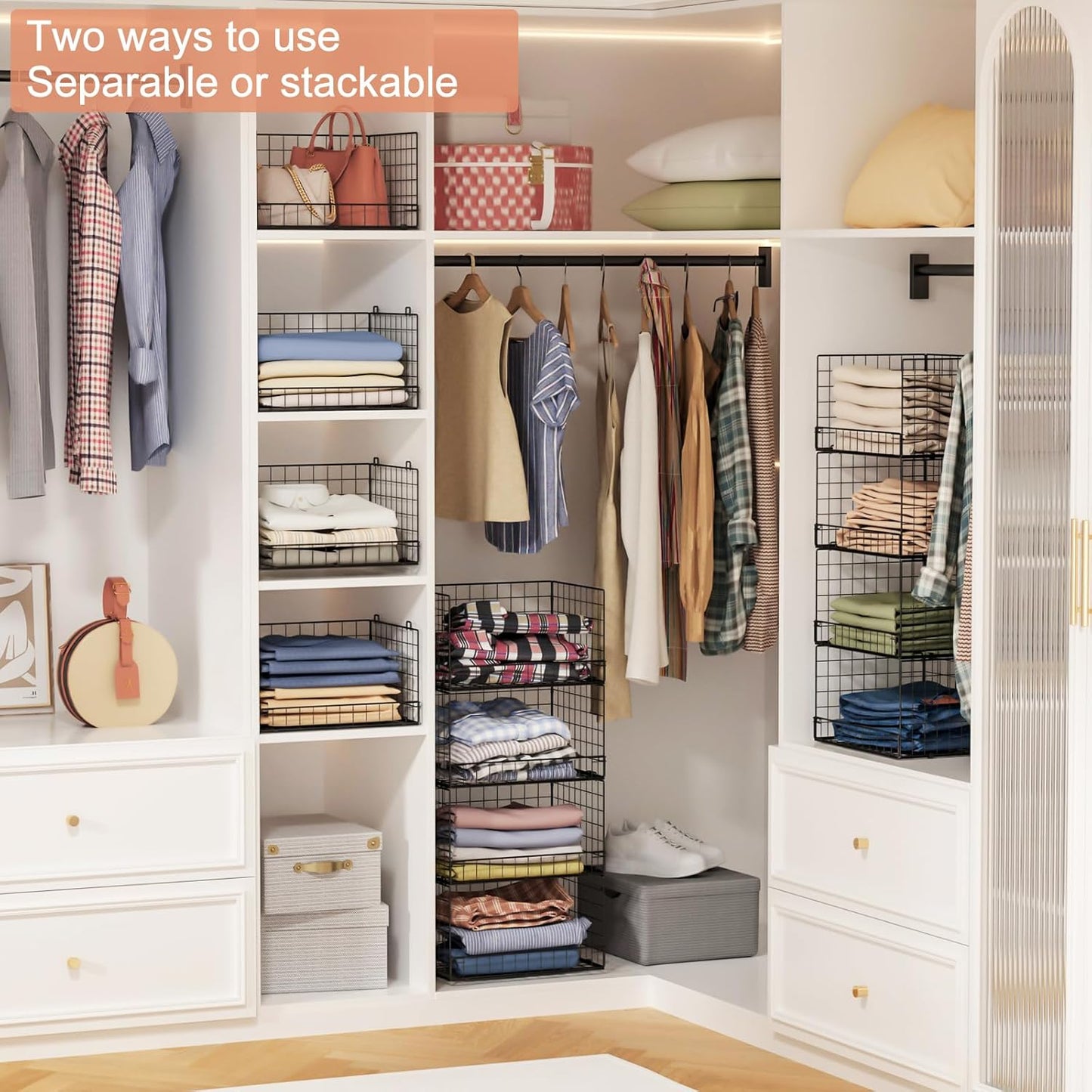 4-Tier Stackable Closet Organizers and Storage Shelves, Clothes Shelf Organizer Basket Bins