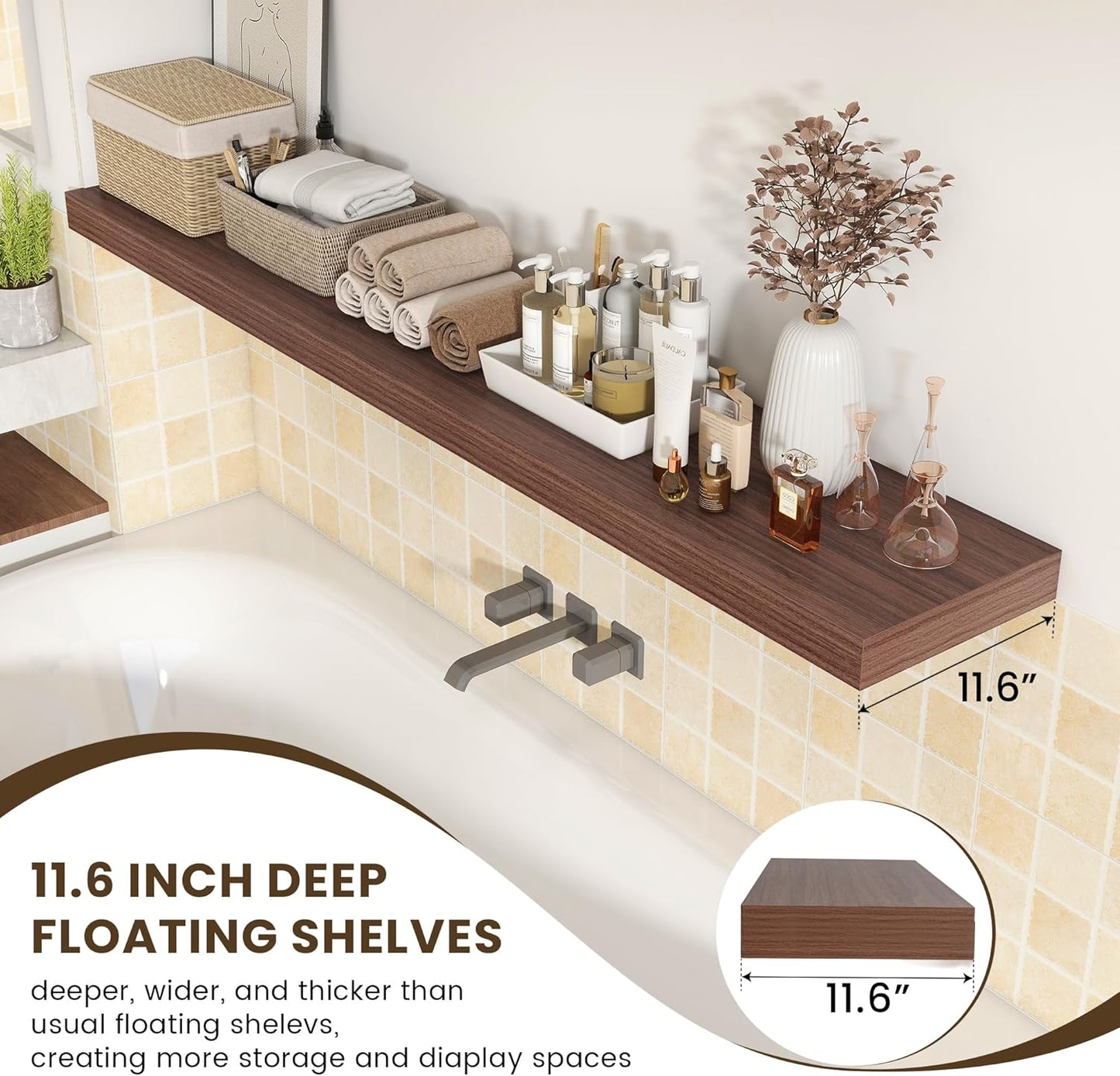 12 Inch Deep Floating Shelves for Wall | 72W x 12D Floating Shelves Set of 1 | Rustic Walnut Long