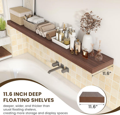 12 Inch Deep Floating Shelves for Wall | 72W x 12D Floating Shelves Set of 1 | Rustic Walnut Long