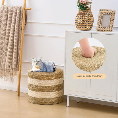 Handwoven Ottoman Pouf, Natural Seagrass Footstool, Round Braided Outdoor Seat with Sturdy Frame