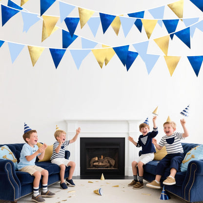 Gold Blue Party Decoration Gradient Blue and Gold Triangle Pennant Banner Flag Metallic Fabric