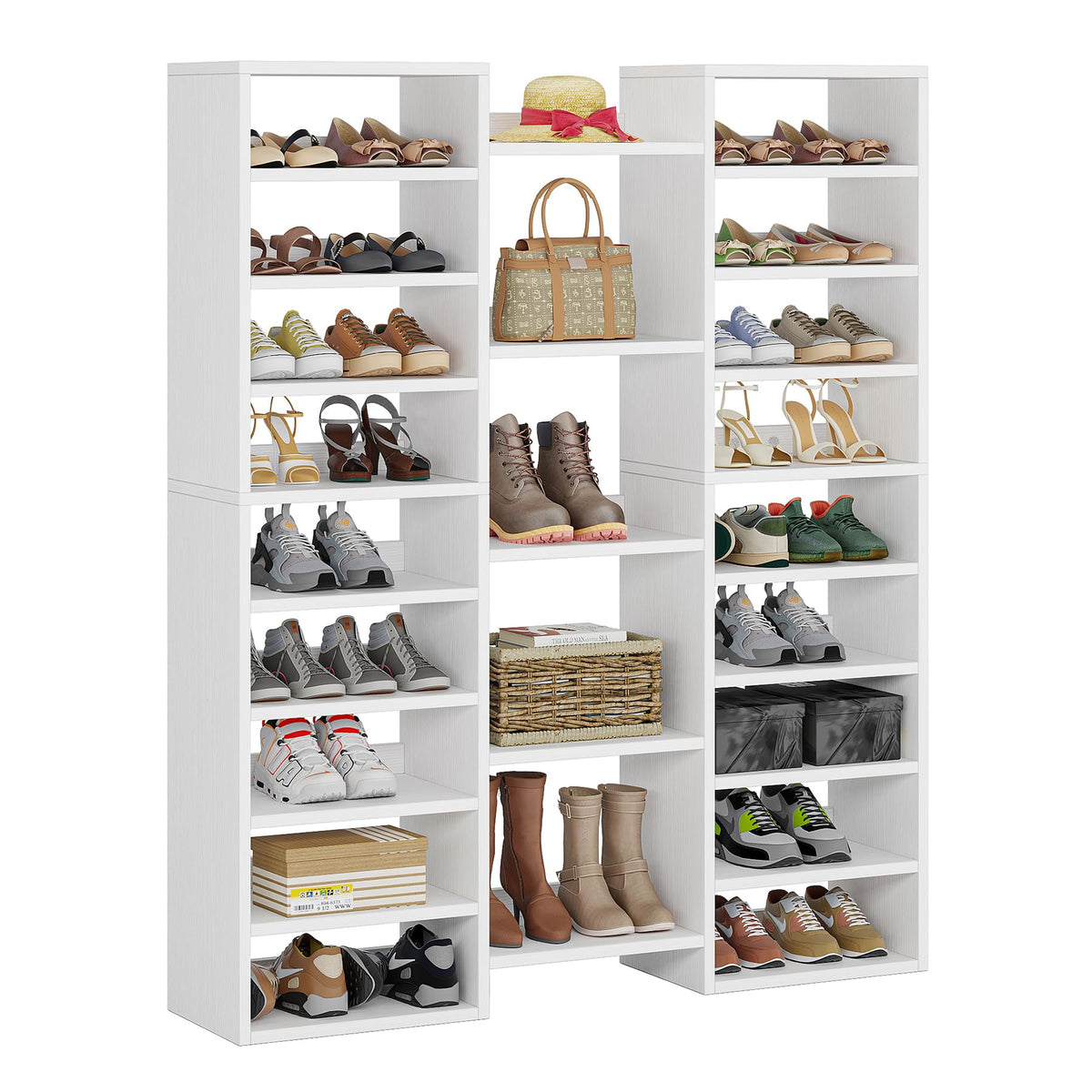 Little Tree 14-Tier Shoe Rack, Freestanding Tall Shoe Shelf, White Wooden Shoe Storage Cabinet with