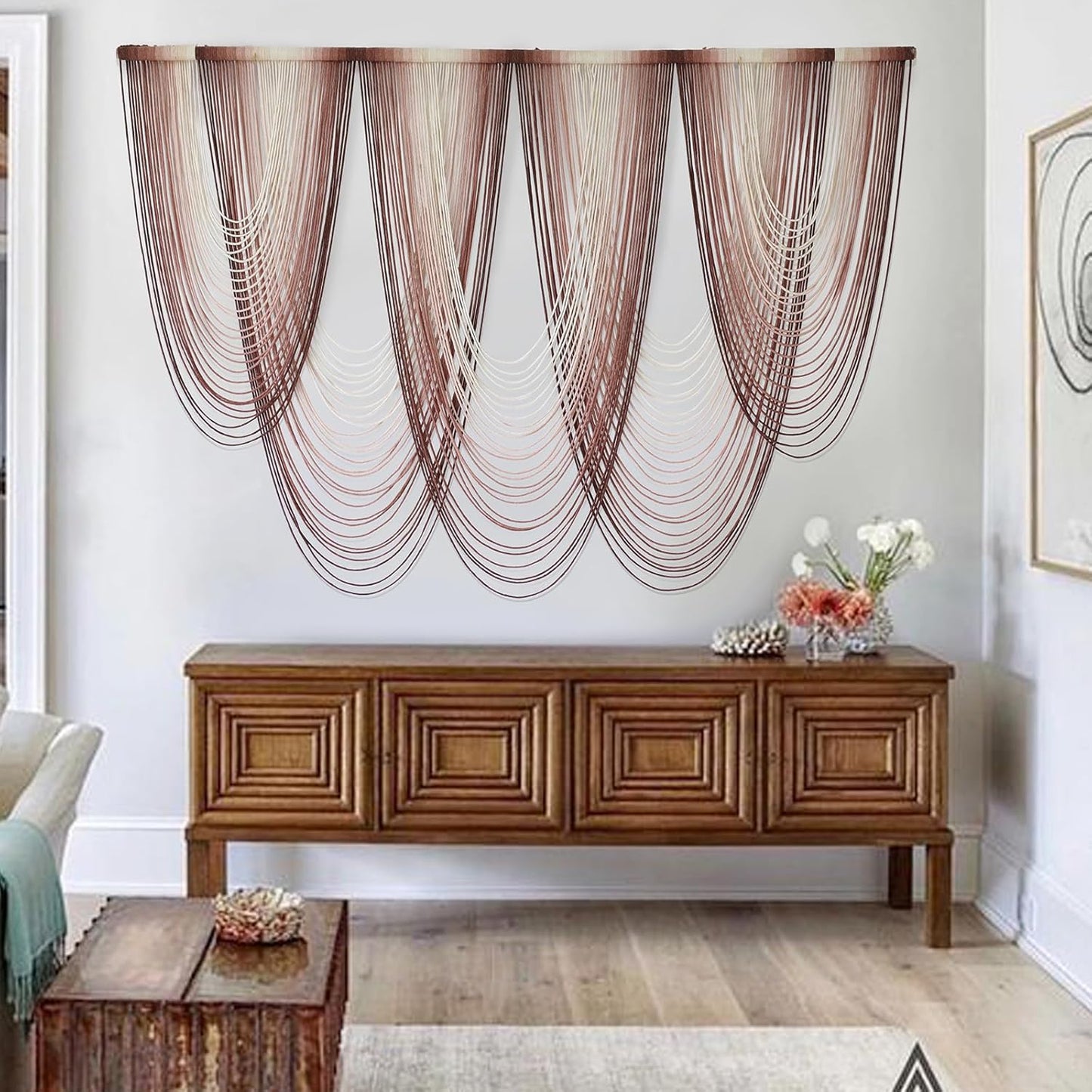 IOWER Macrame Wall Hanging Pink Dip-Dyed Large Macrame Wall Decor For Living Room Boho Fiber Art