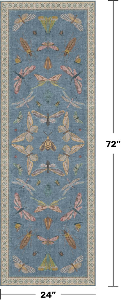 Boho Non Slip Kitchen Rug Runner - 2x6 Blue Washable Rug for Bathroom, Laundry Room, Hallway, Non