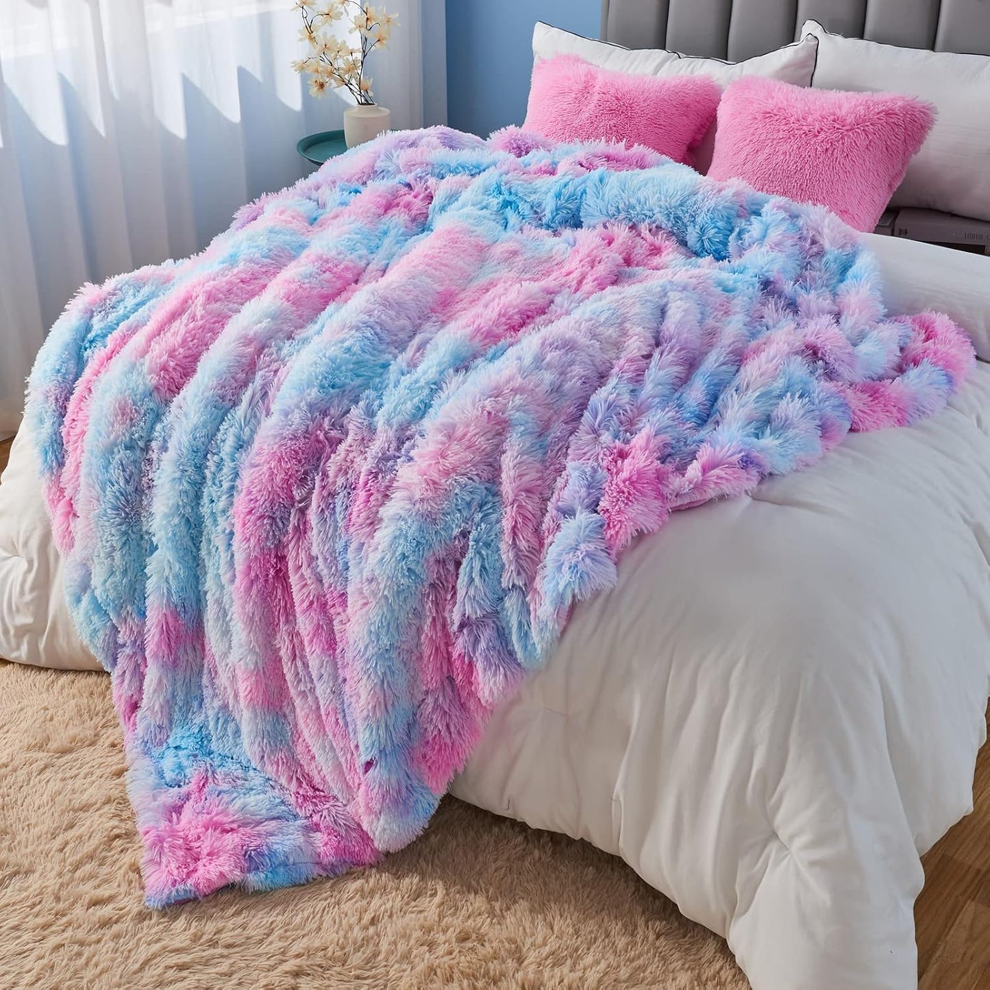 GONAAP Fuzzy Faux Fur Throw Blanket Purple Rainbow Super Soft Cozy Plush Fuzzy Shaggy Blanket for