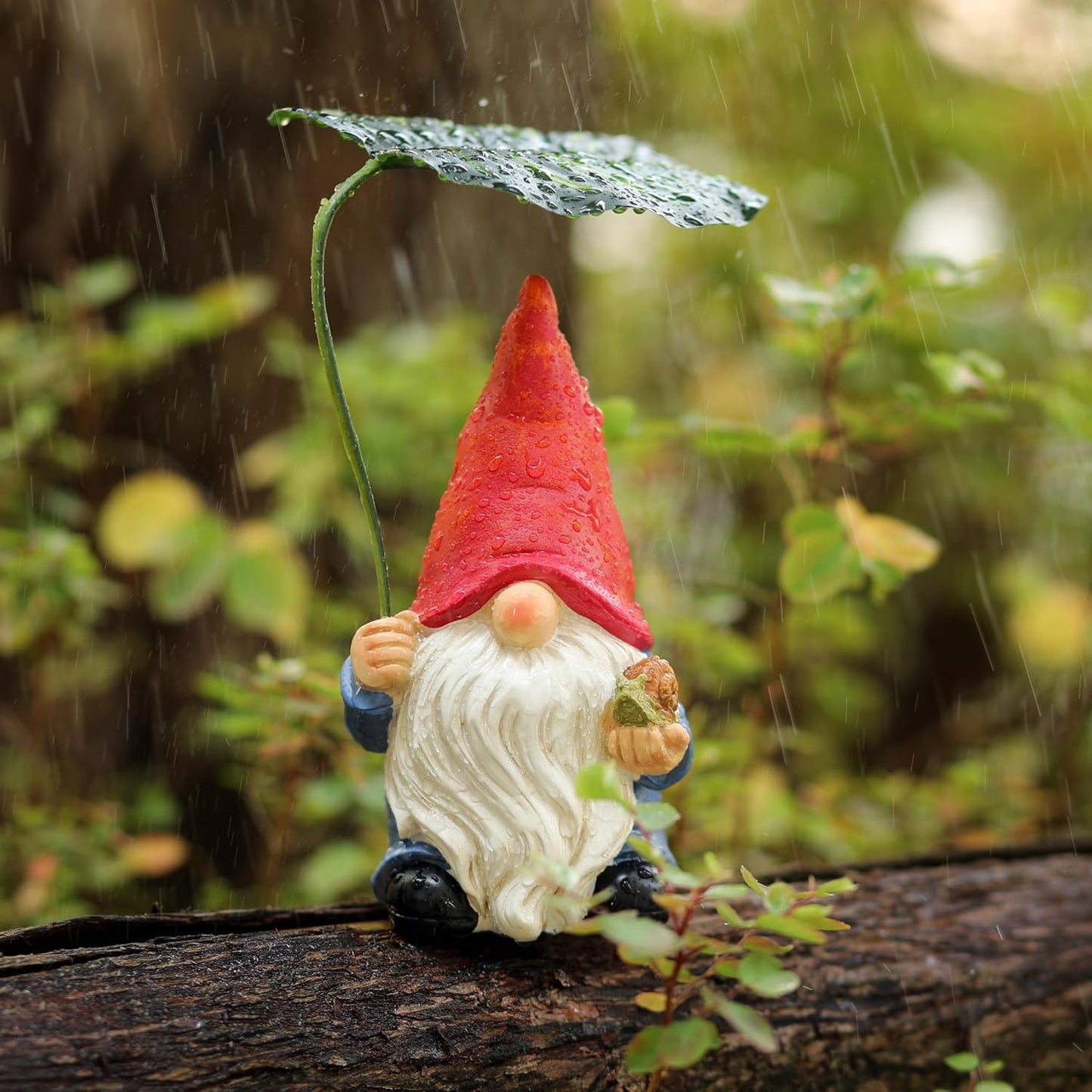 Garden Gnome Statue Decoration with Leaf Umbrella, 6.5” Figurine Ornament for Indoor Outdoor Home